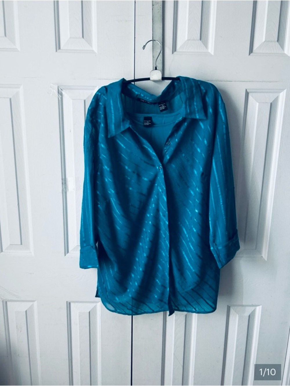 Club”Z” collection Turquoise Sheer Metallic-Stripe Button Front 2 piece set